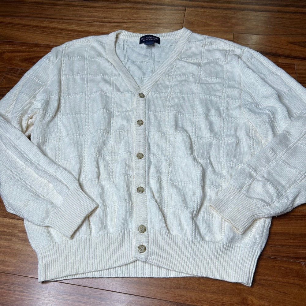 Roundtree & Yorke Mens Cardigan Sweater Size L Button Front‎ Cotton Knit Ivory